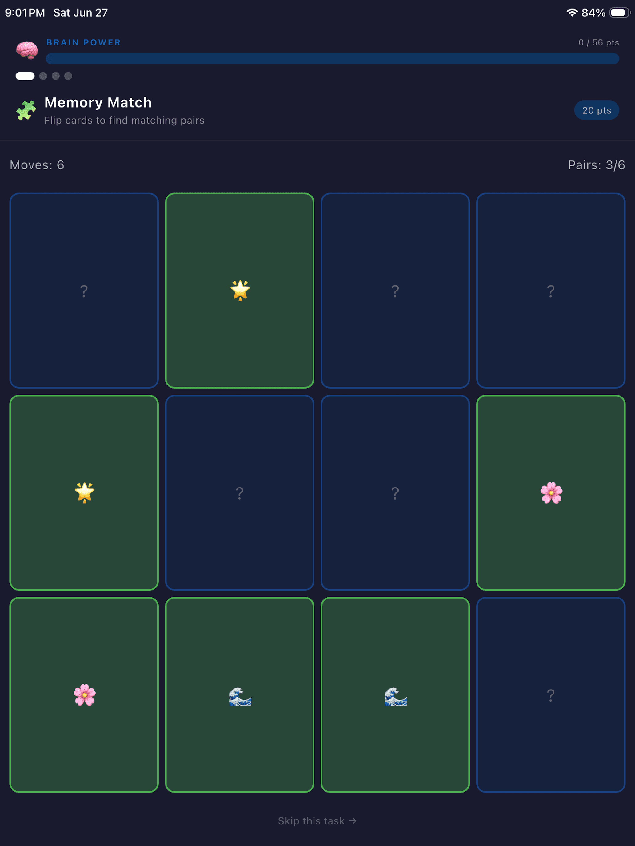 Memory match brain challenge game in progress